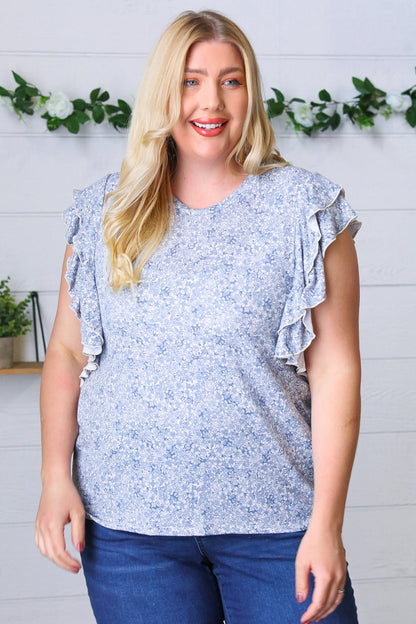 Washed Blue Floral Tiered Flutter Sleeve Top - Bitsy Gypsy Boutique