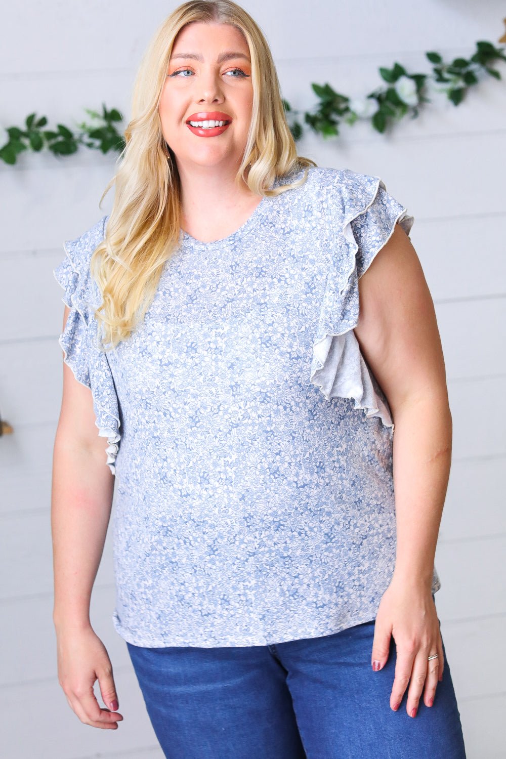 Washed Blue Floral Tiered Flutter Sleeve Top - Bitsy Gypsy Boutique