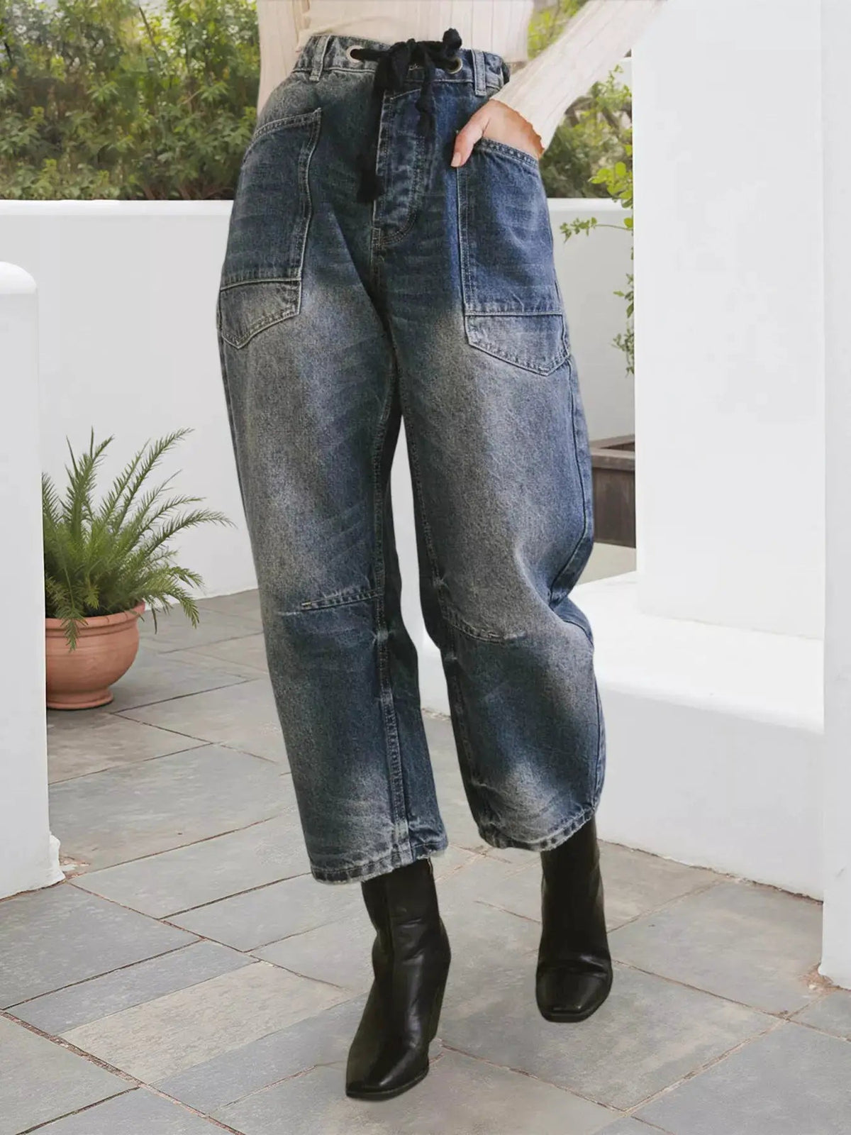 Washed Grey Drawstring Wide Leg Cropped Jeans - Bitsy Gypsy Boutique