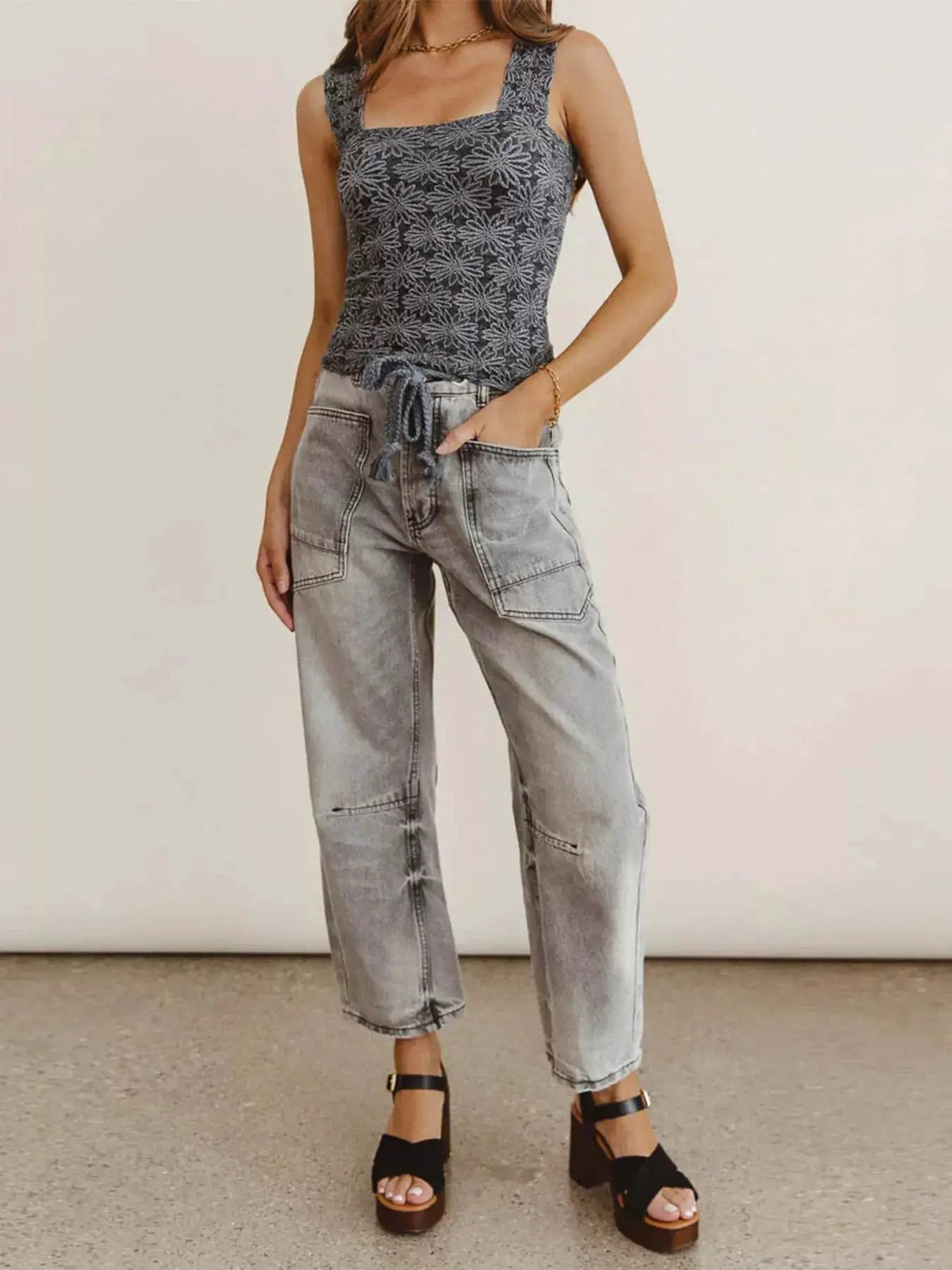 Washed Grey Drawstring Wide Leg Cropped Jeans - Bitsy Gypsy Boutique