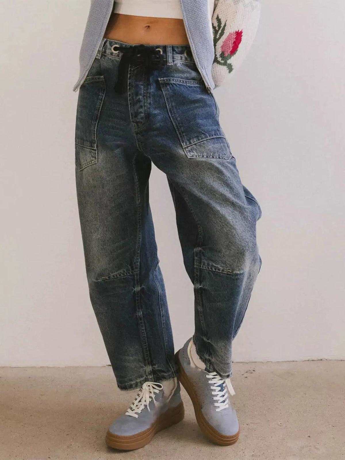 Washed Grey Drawstring Wide Leg Cropped Jeans - Bitsy Gypsy Boutique