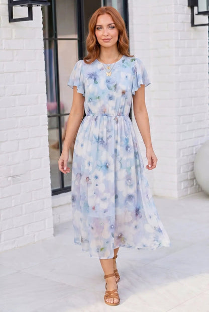 Watercolor Garden Flutter Sleeve Midi Dress by Haptics