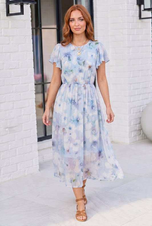 Watercolor Garden Flutter Sleeve Midi Dress - Bitsy Gypsy Boutique