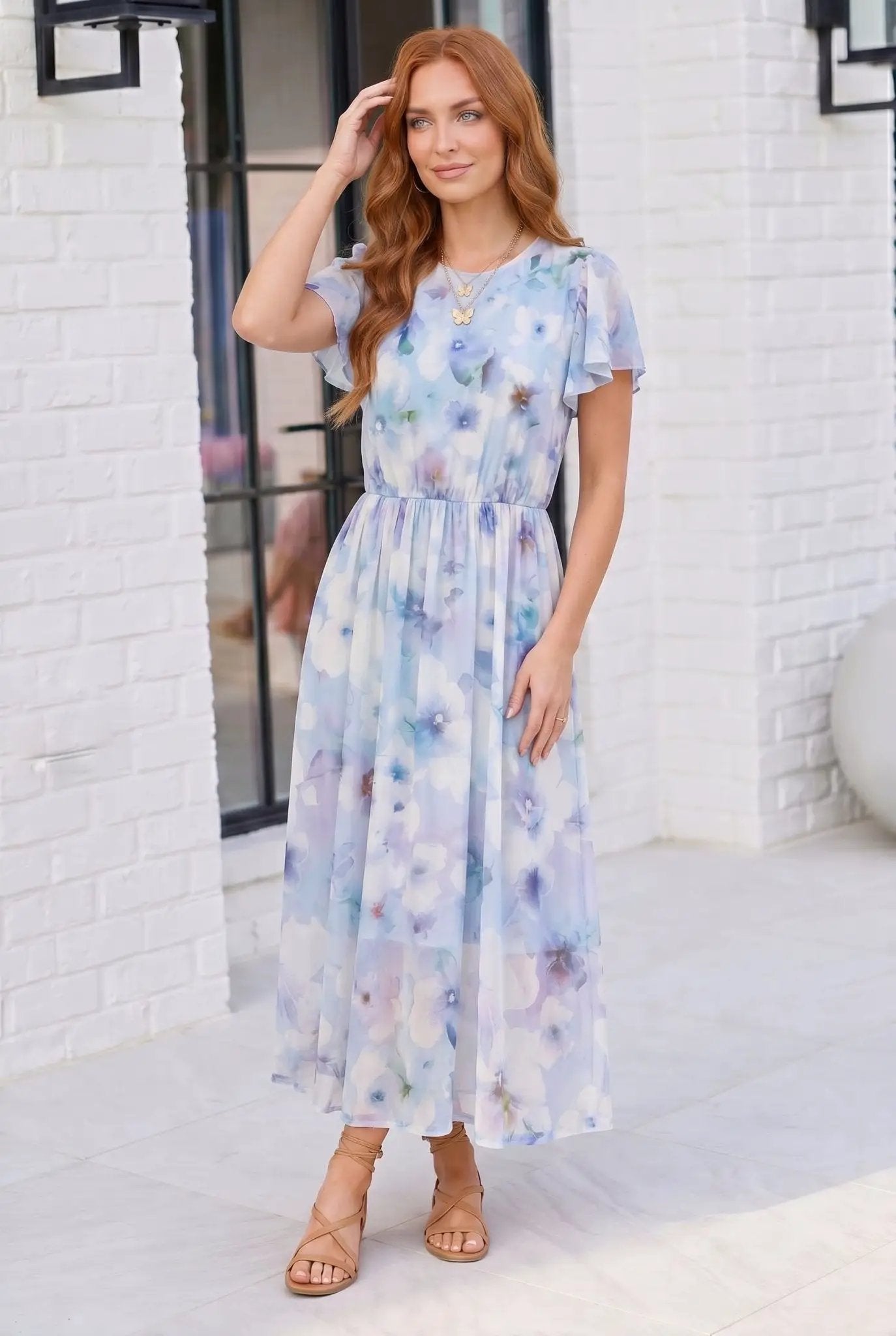 Watercolor Garden Flutter Sleeve Midi Dress by Haptics