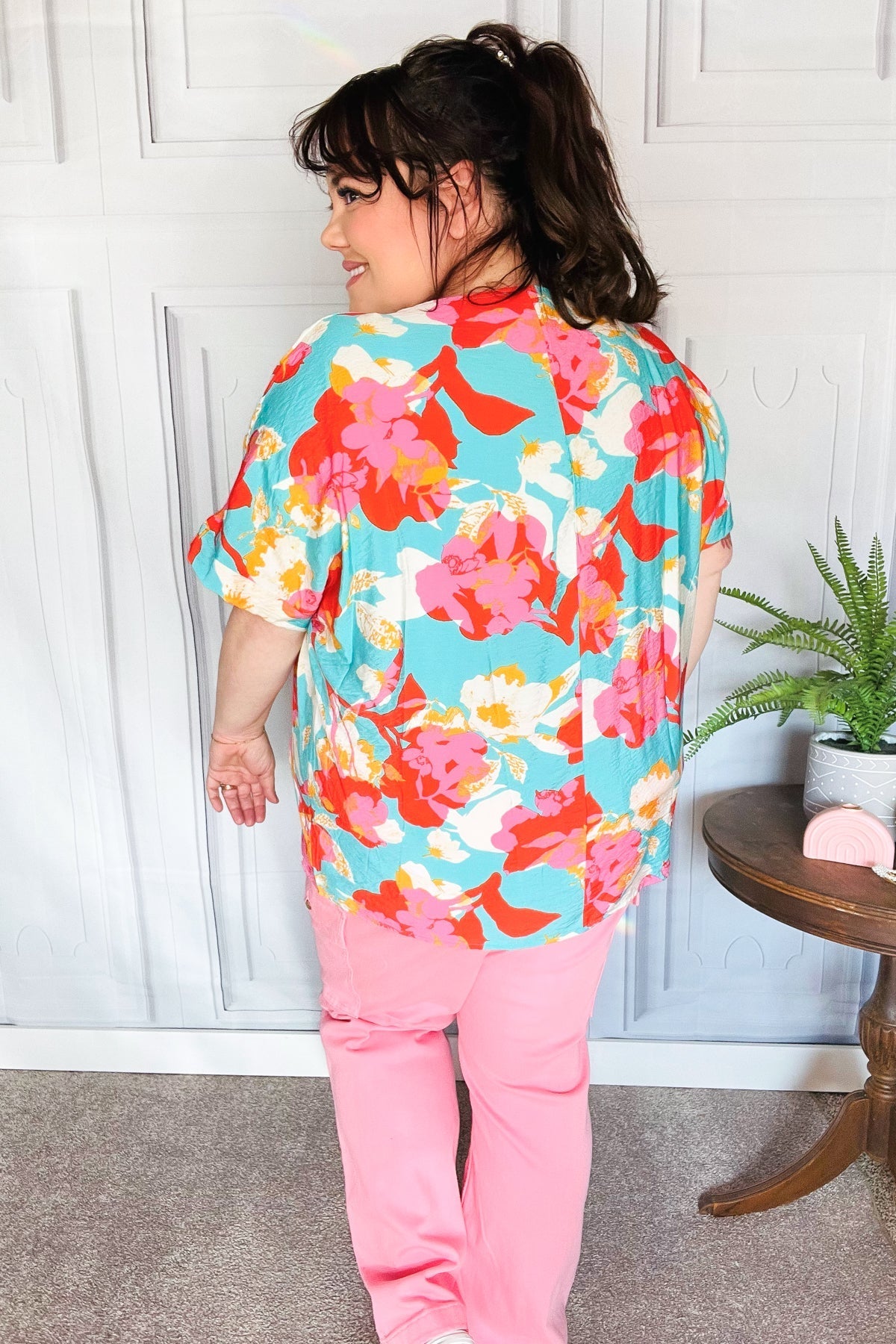 Weekend Ready Aqua & Coral Floral V Neck Woven Top - Bitsy Gypsy Boutique