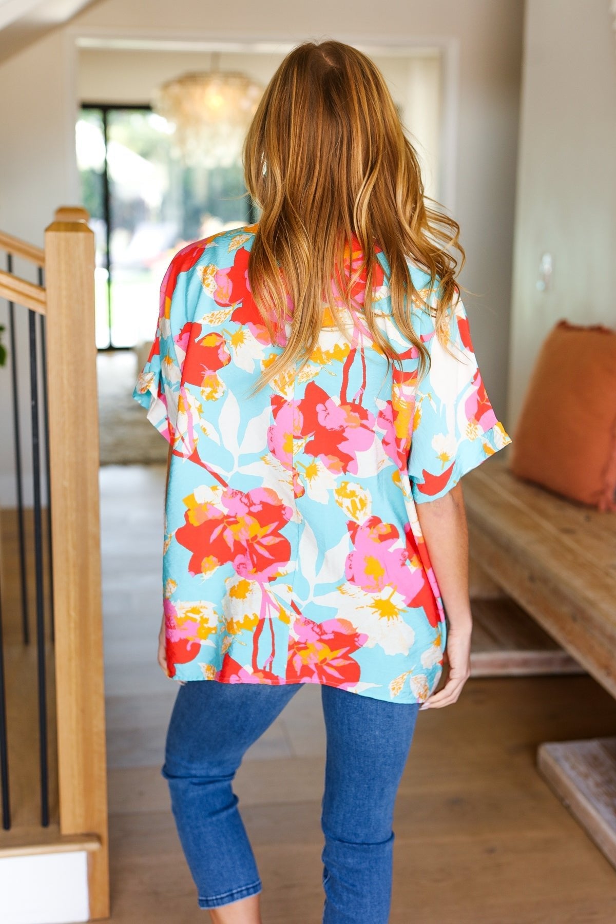 Weekend Ready Aqua & Coral Floral V Neck Woven Top - Bitsy Gypsy Boutique