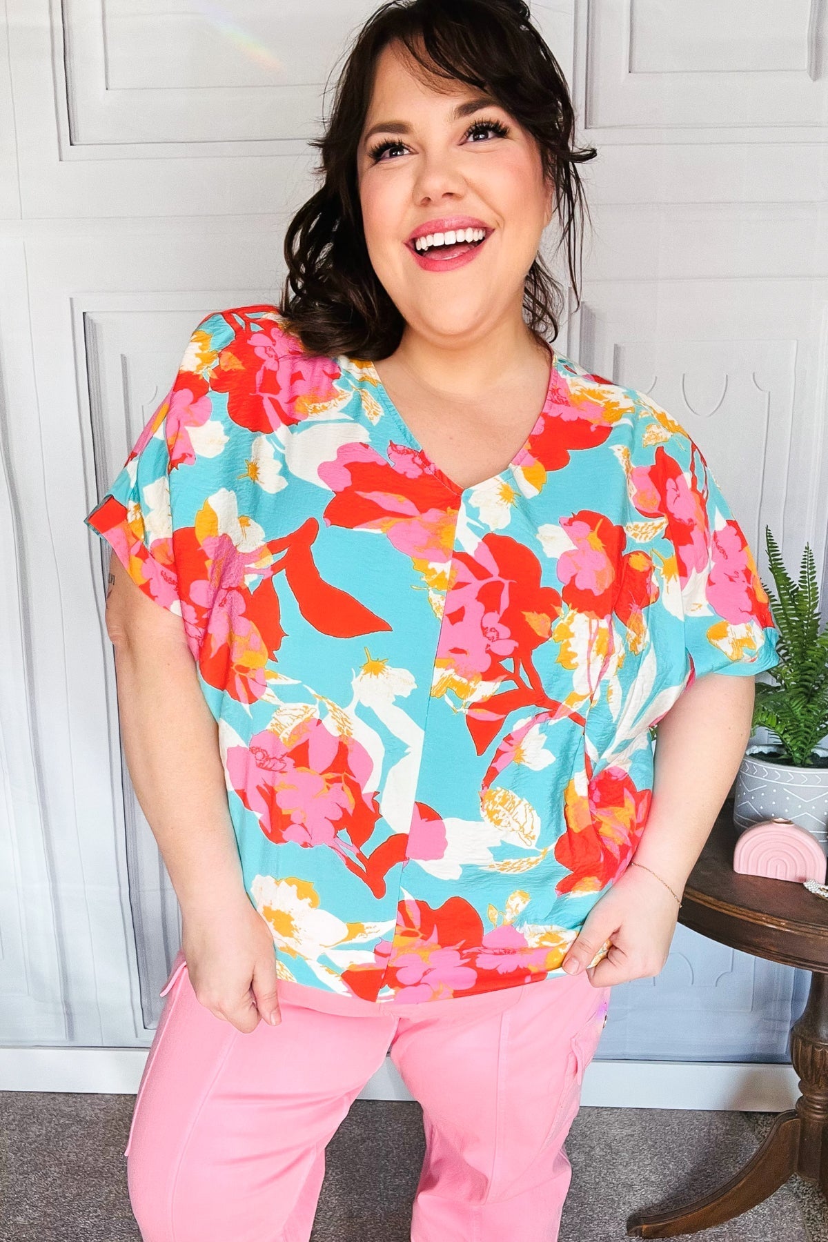 Weekend Ready Aqua & Coral Floral V Neck Woven Top - Bitsy Gypsy Boutique
