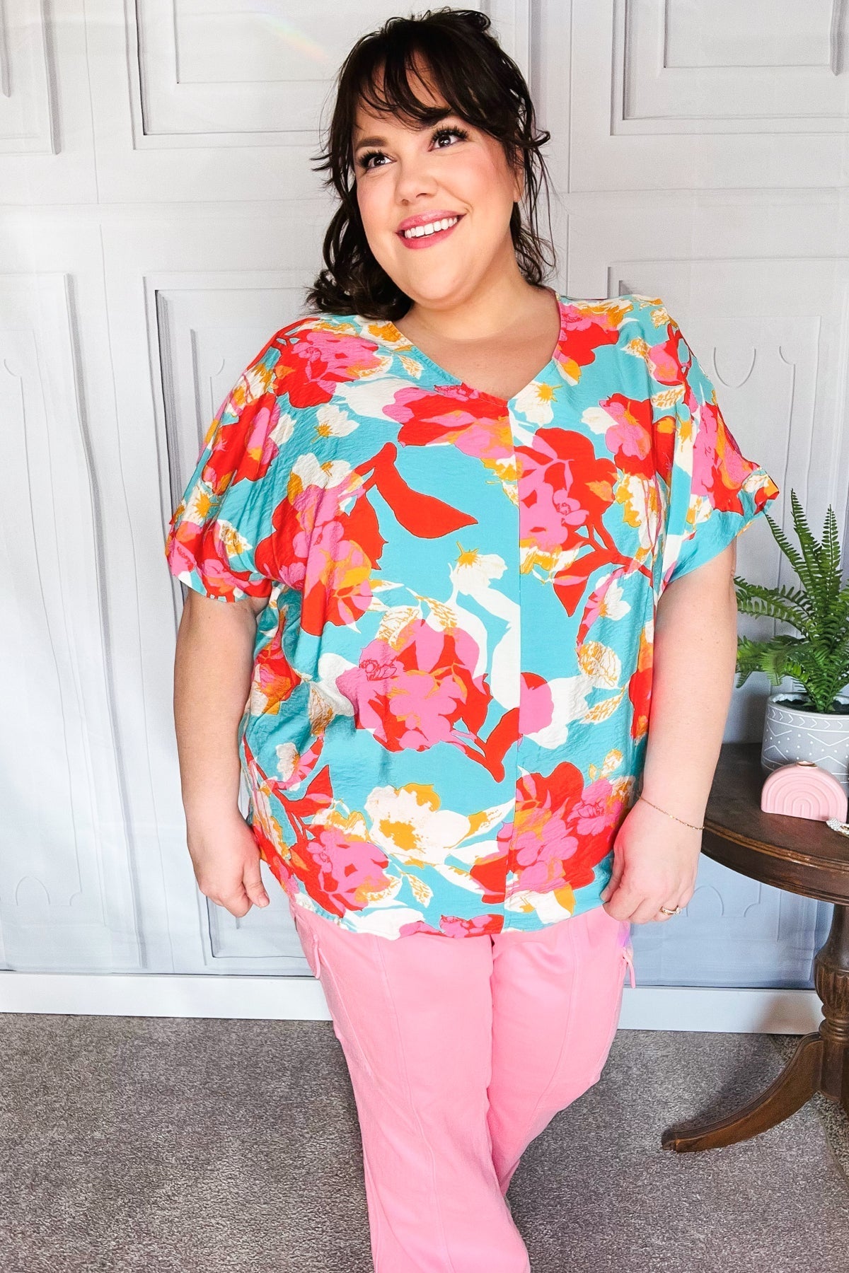 Weekend Ready Aqua & Coral Floral V Neck Woven Top - Bitsy Gypsy Boutique