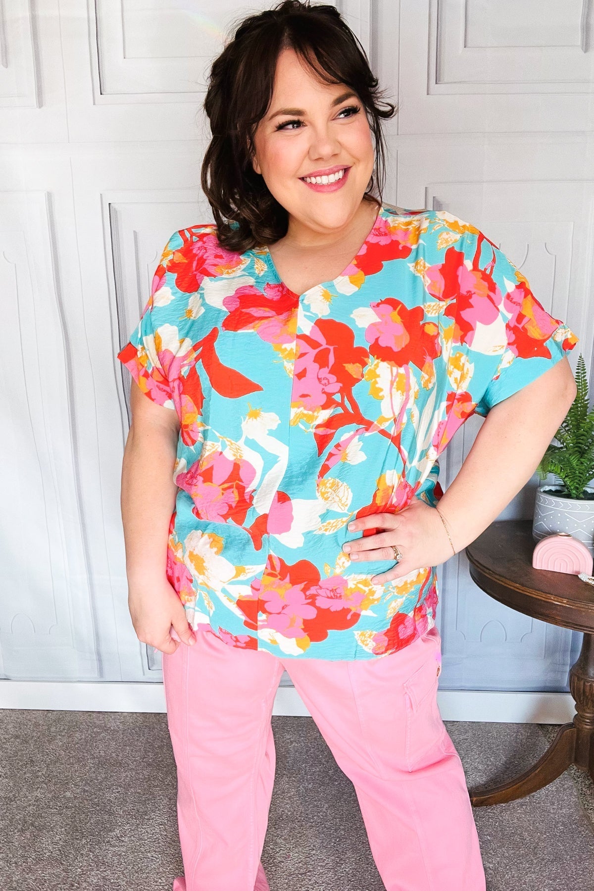 Weekend Ready Aqua & Coral Floral V Neck Woven Top - Bitsy Gypsy Boutique