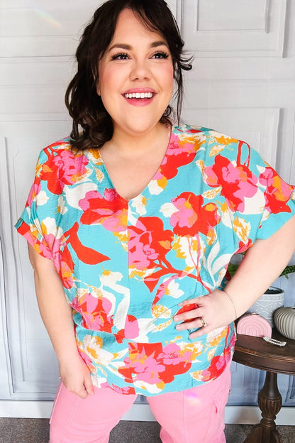 Weekend Ready Aqua & Coral Floral V Neck Woven Top - Bitsy Gypsy Boutique