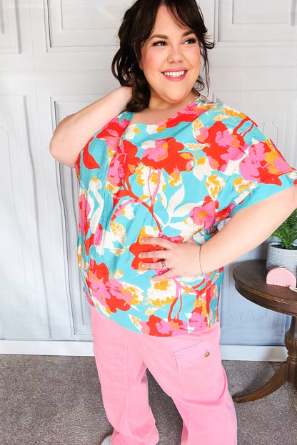 Weekend Ready Aqua & Coral Floral V Neck Woven Top - Bitsy Gypsy Boutique