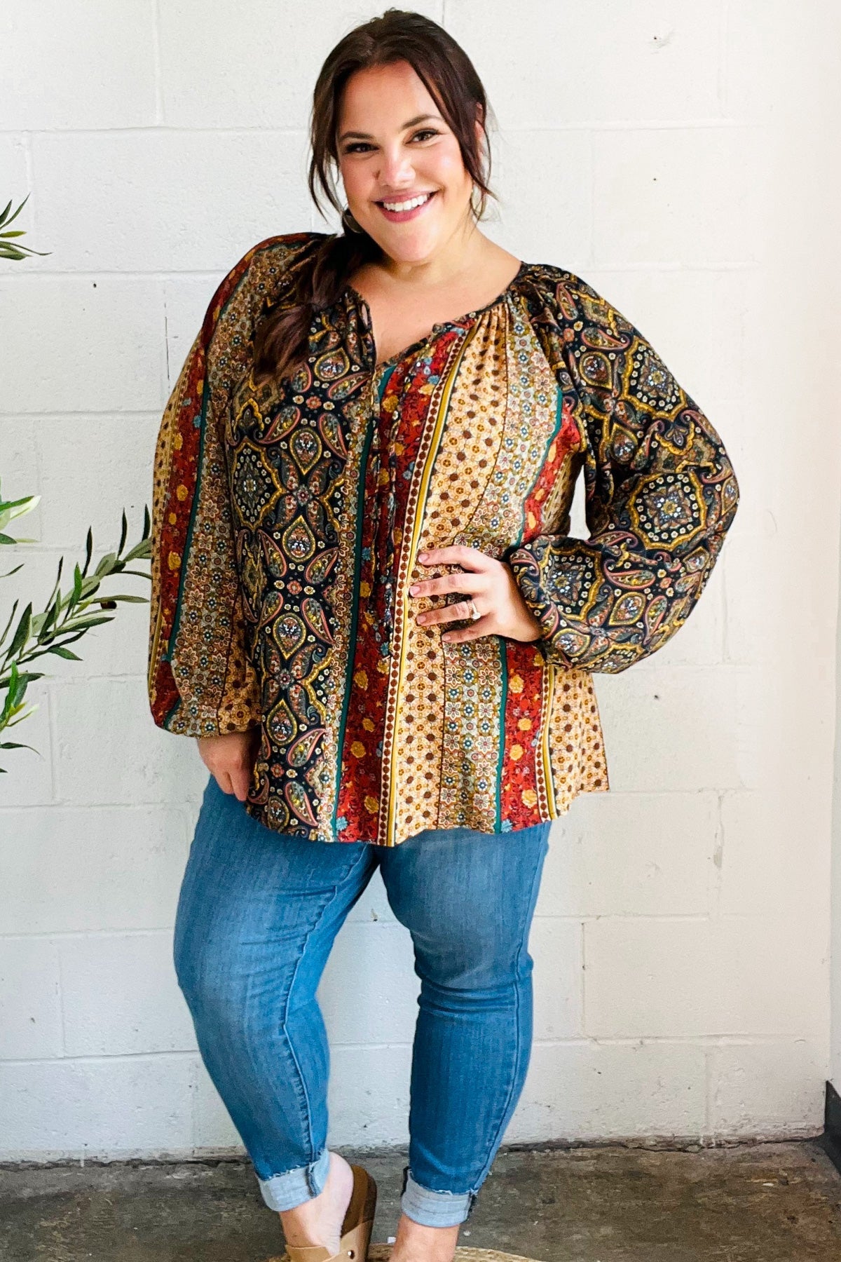 Weekend Ready Black & Rust Paisley Raglan Keyhole Tie Top - Bitsy Gypsy Boutique