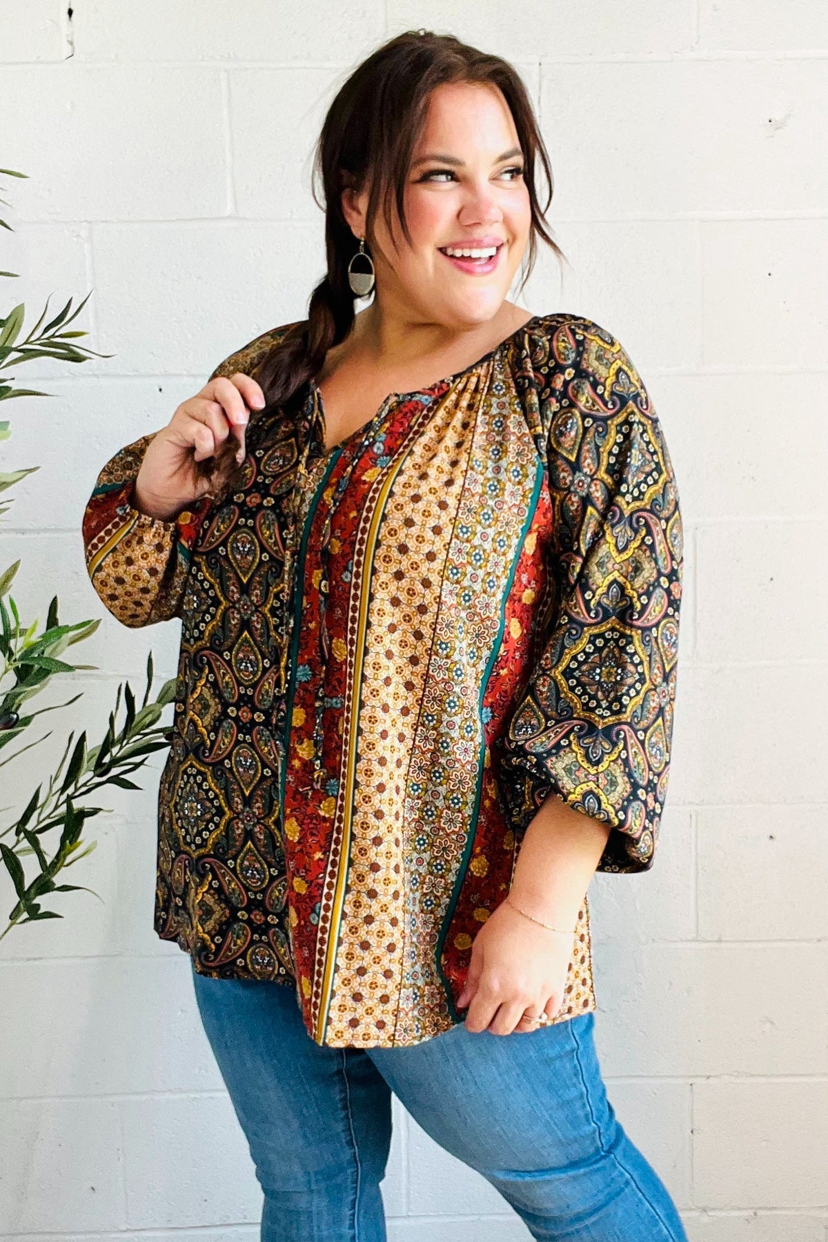 Weekend Ready Black & Rust Paisley Raglan Keyhole Tie Top - Bitsy Gypsy Boutique