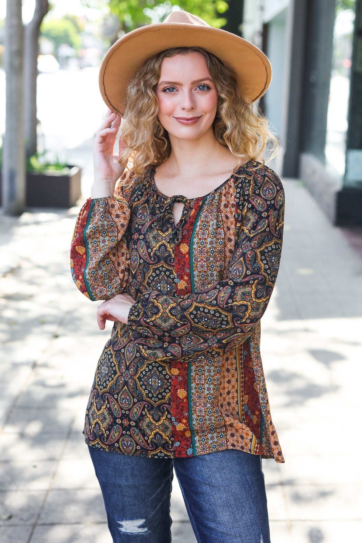 Weekend Ready Black & Rust Paisley Raglan Keyhole Tie Top - Bitsy Gypsy Boutique