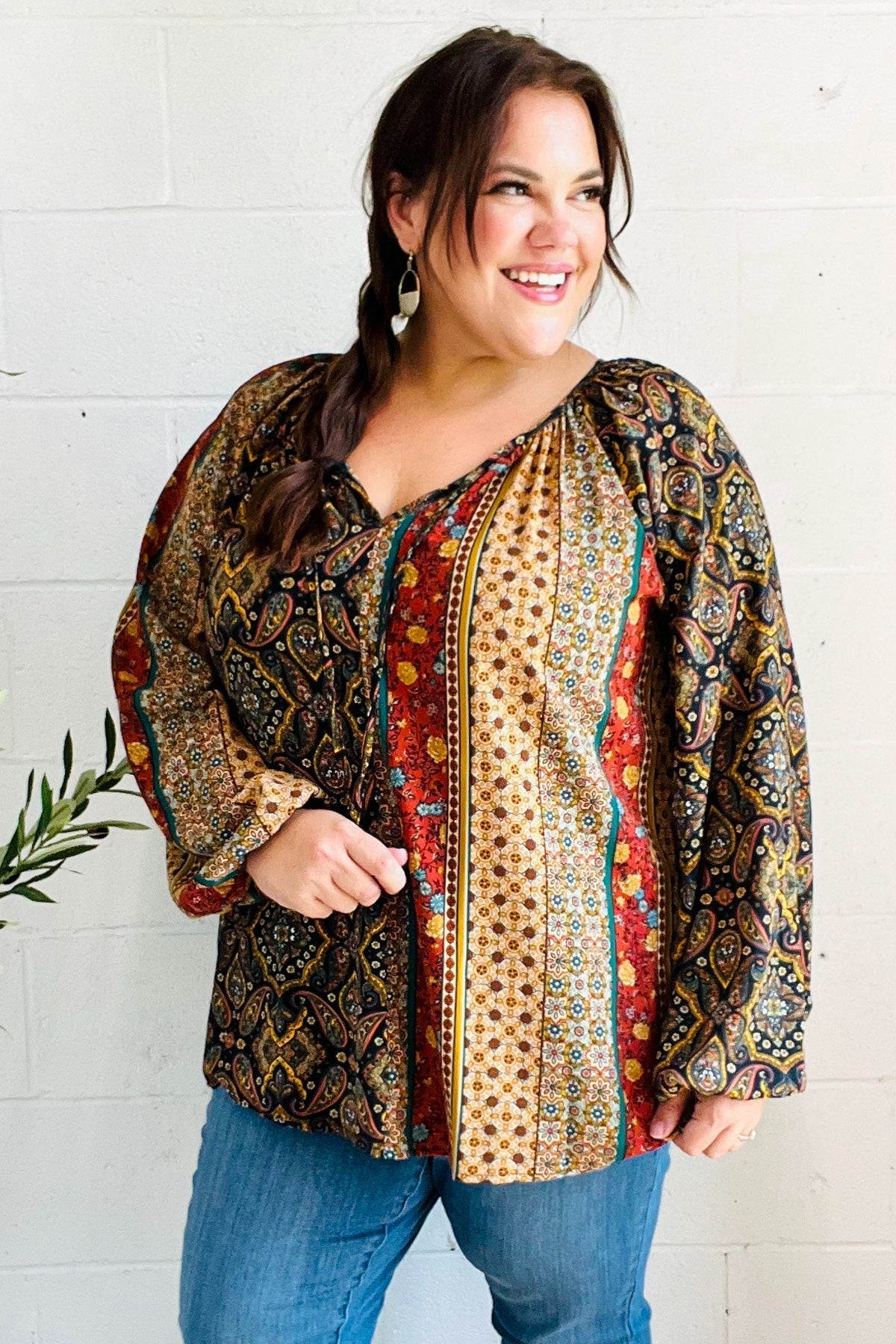 Weekend Ready Black & Rust Paisley Raglan Keyhole Tie Top - Bitsy Gypsy Boutique