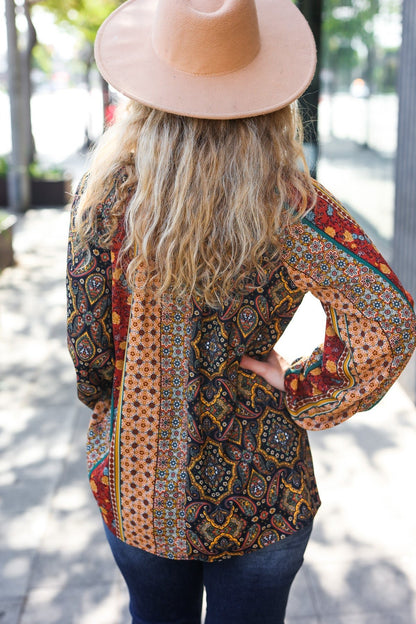 Weekend Ready Black & Rust Paisley Raglan Keyhole Tie Top - Bitsy Gypsy Boutique