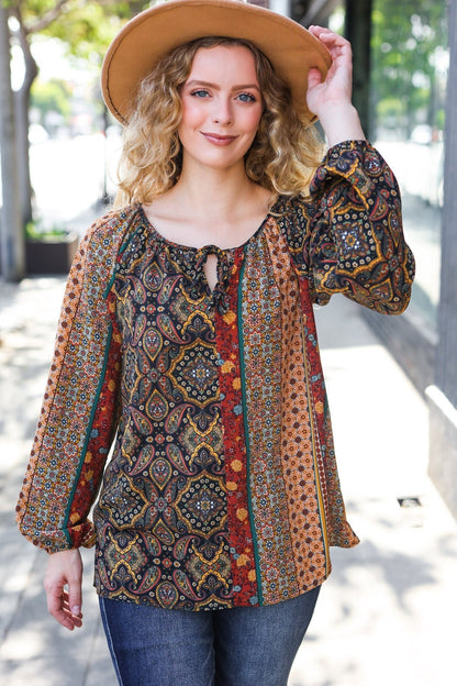 Weekend Ready Black & Rust Paisley Raglan Keyhole Tie Top - Bitsy Gypsy Boutique