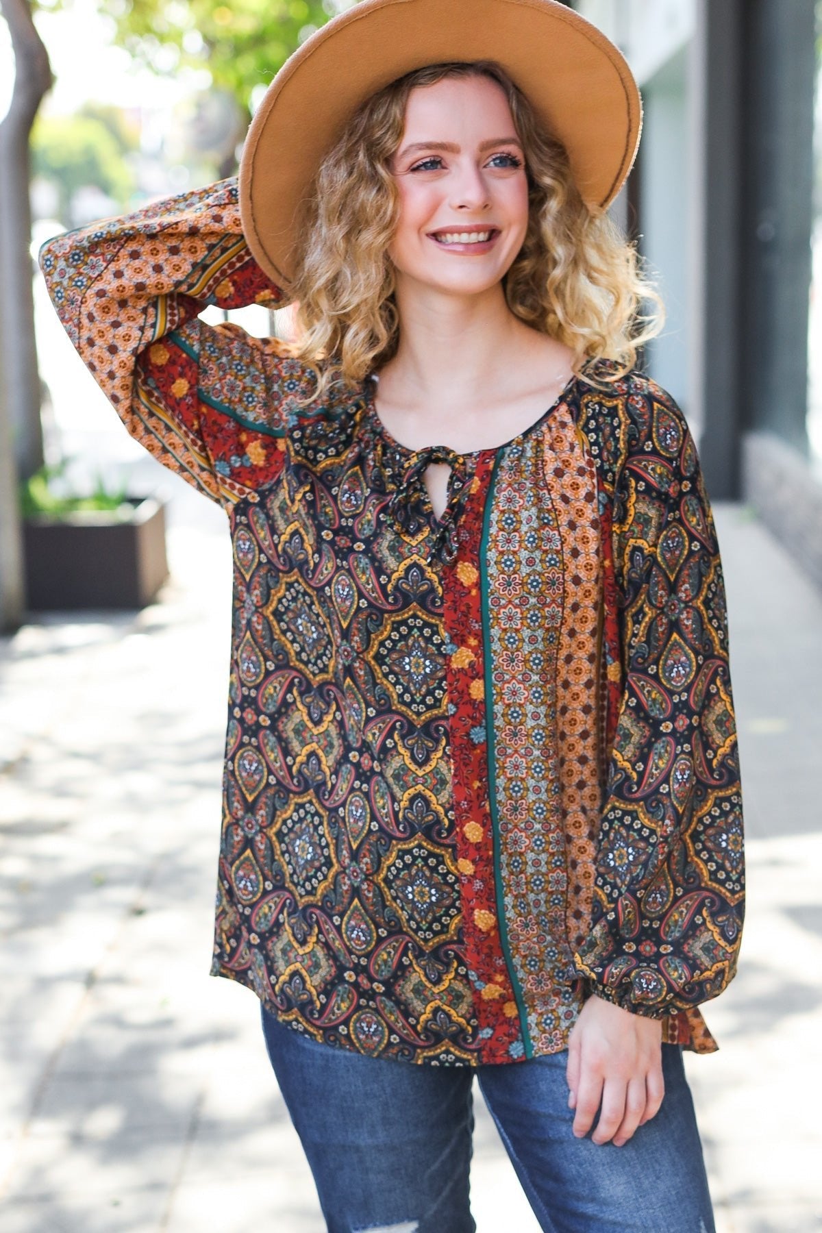 Weekend Ready Black & Rust Paisley Raglan Keyhole Tie Top - Bitsy Gypsy Boutique