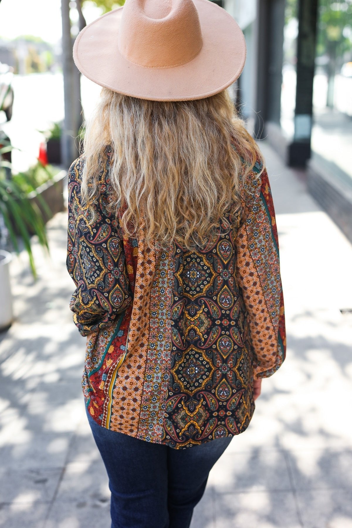 Weekend Ready Black & Rust Paisley Raglan Keyhole Tie Top - Bitsy Gypsy Boutique