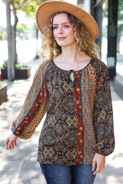 Weekend Ready Black & Rust Paisley Raglan Keyhole Tie Top - Bitsy Gypsy Boutique