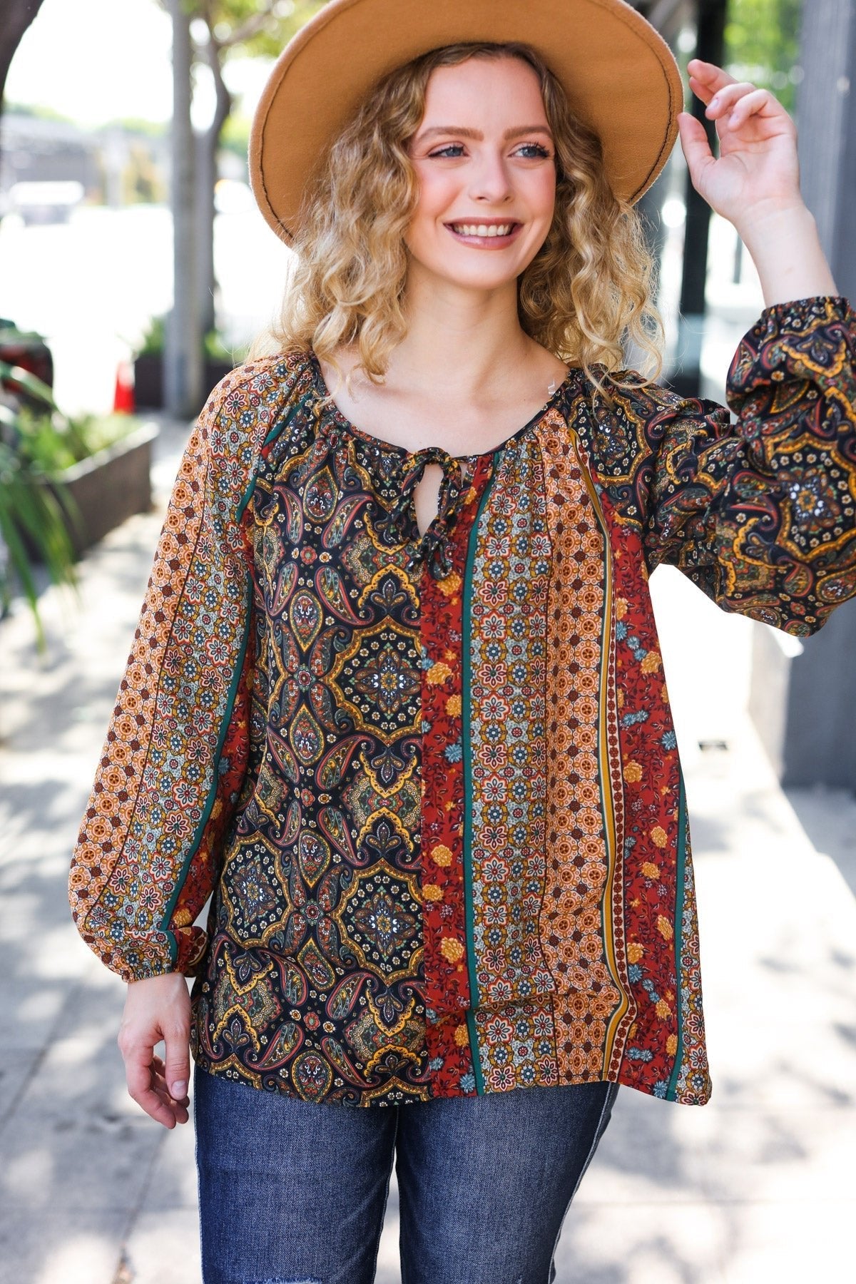 Weekend Ready Black & Rust Paisley Raglan Keyhole Tie Top - Bitsy Gypsy Boutique