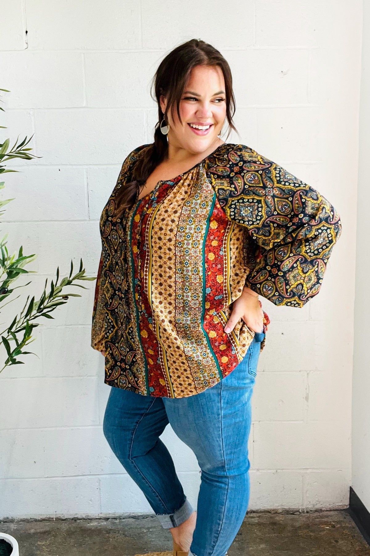 Weekend Ready Black & Rust Paisley Raglan Keyhole Tie Top - Bitsy Gypsy Boutique