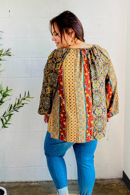 Weekend Ready Black & Rust Paisley Raglan Keyhole Tie Top - Bitsy Gypsy Boutique
