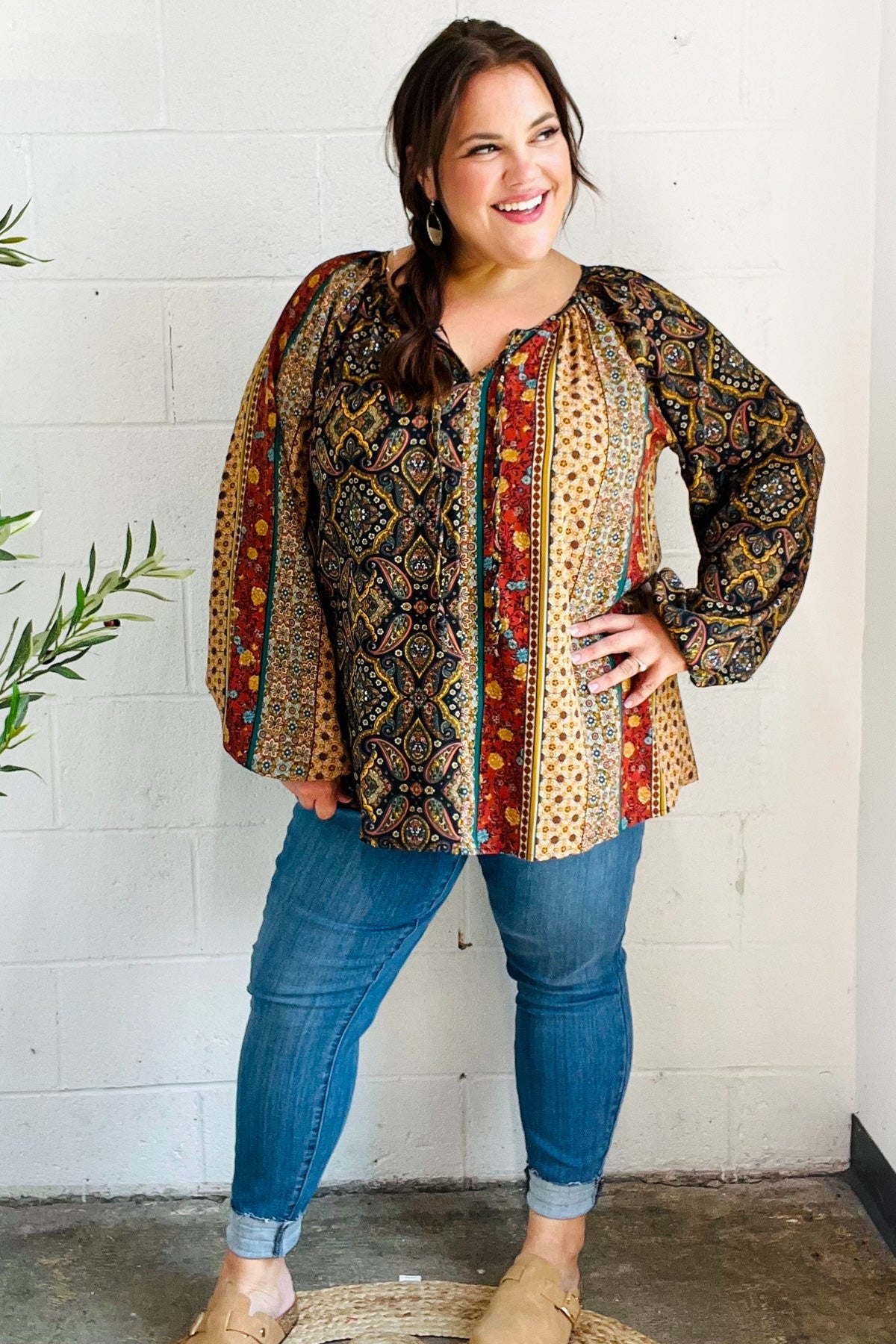 Weekend Ready Black & Rust Paisley Raglan Keyhole Tie Top - Bitsy Gypsy Boutique