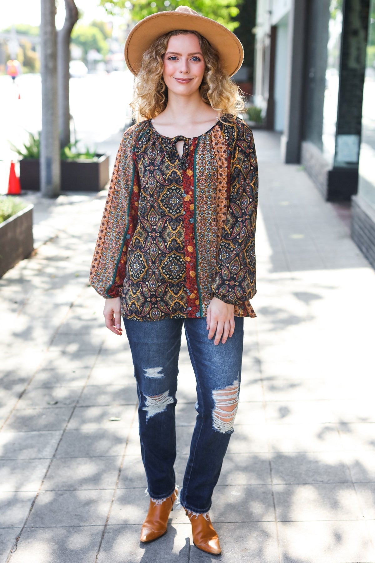Weekend Ready Black & Rust Paisley Raglan Keyhole Tie Top - Bitsy Gypsy Boutique