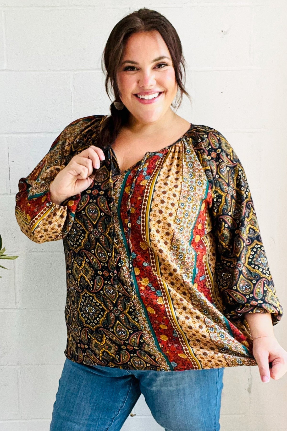 Weekend Ready Black & Rust Paisley Raglan Keyhole Tie Top - Bitsy Gypsy Boutique