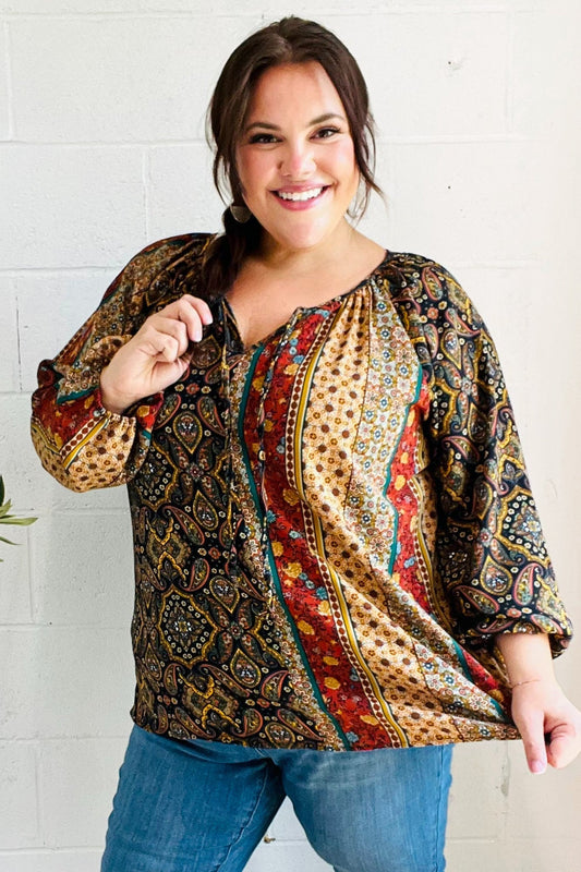 Weekend Ready Black & Rust Paisley Raglan Keyhole Tie Top - Bitsy Gypsy Boutique