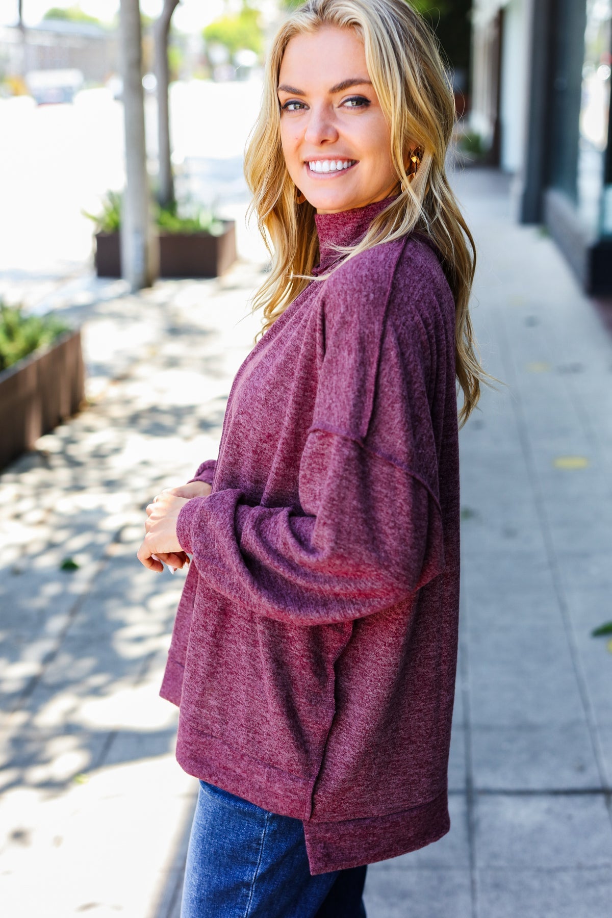Weekend Ready Burgundy Brushed Mélange Mock Neck Sweater - Bitsy Gypsy Boutique