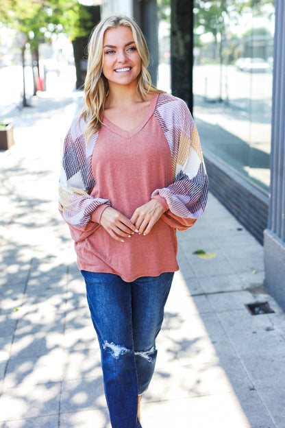 Weekend Ready Rust Argyle Pattern Dolman V Neck Top - Bitsy Gypsy Boutique