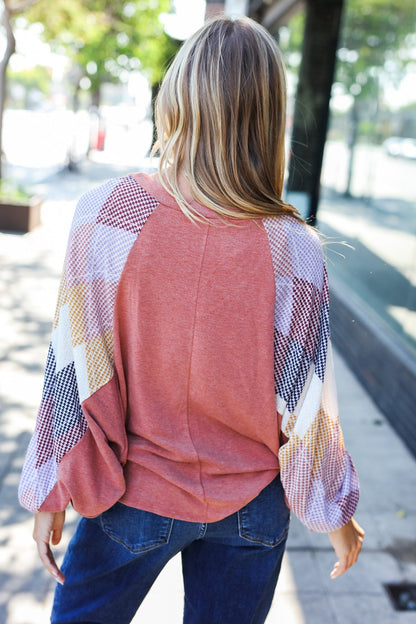 Weekend Ready Rust Argyle Pattern Dolman V Neck Top - Bitsy Gypsy Boutique