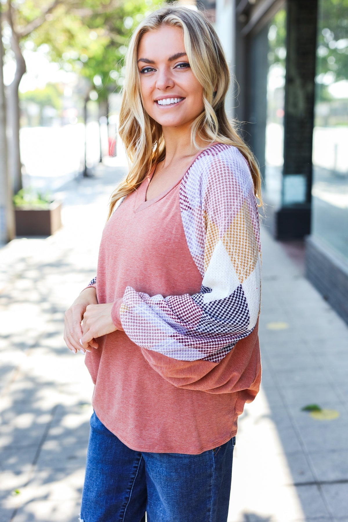 Weekend Ready Rust Argyle Pattern Dolman V Neck Top - Bitsy Gypsy Boutique
