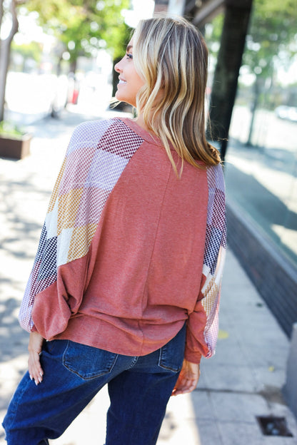 Weekend Ready Rust Argyle Pattern Dolman V Neck Top - Bitsy Gypsy Boutique
