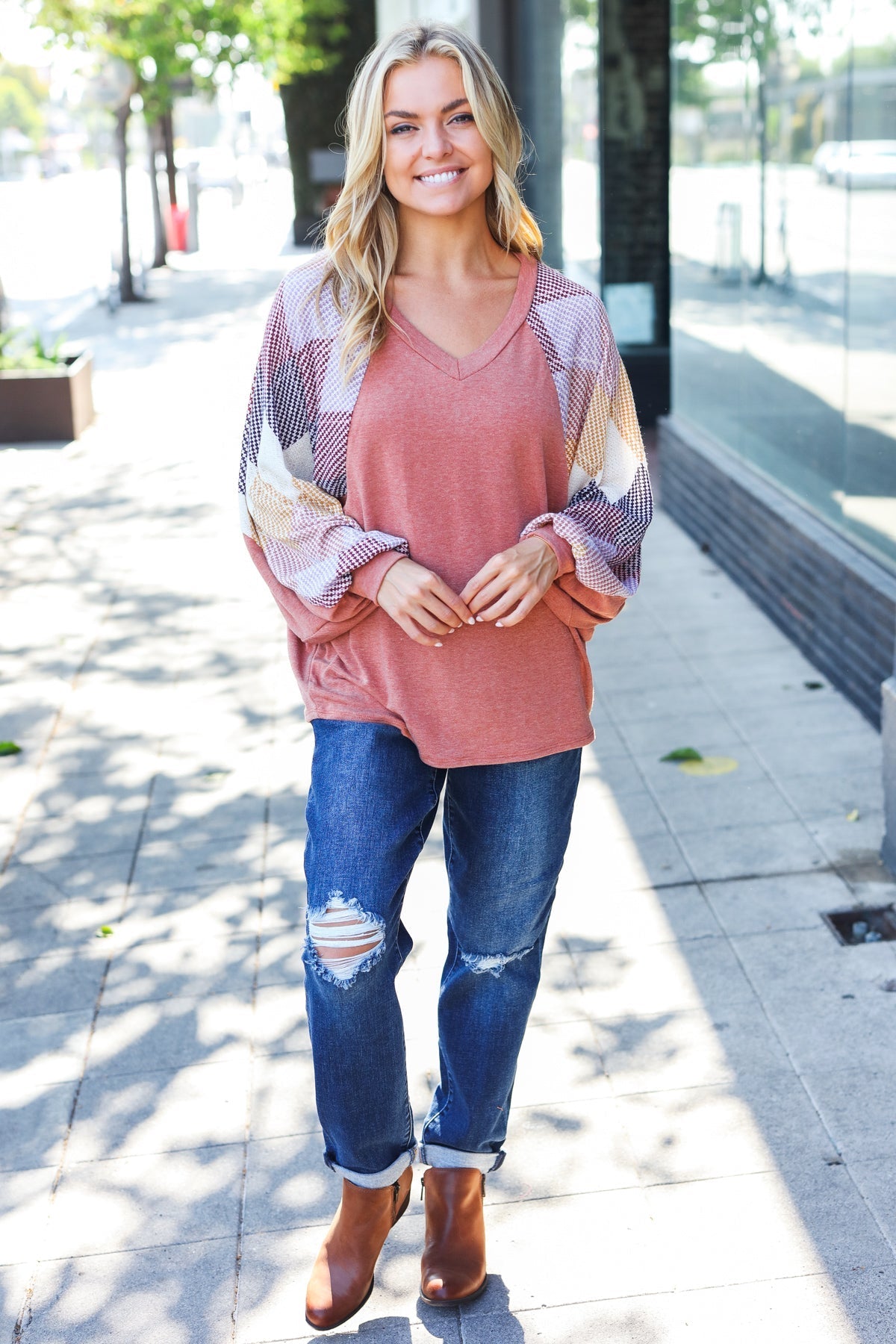Weekend Ready Rust Argyle Pattern Dolman V Neck Top - Bitsy Gypsy Boutique