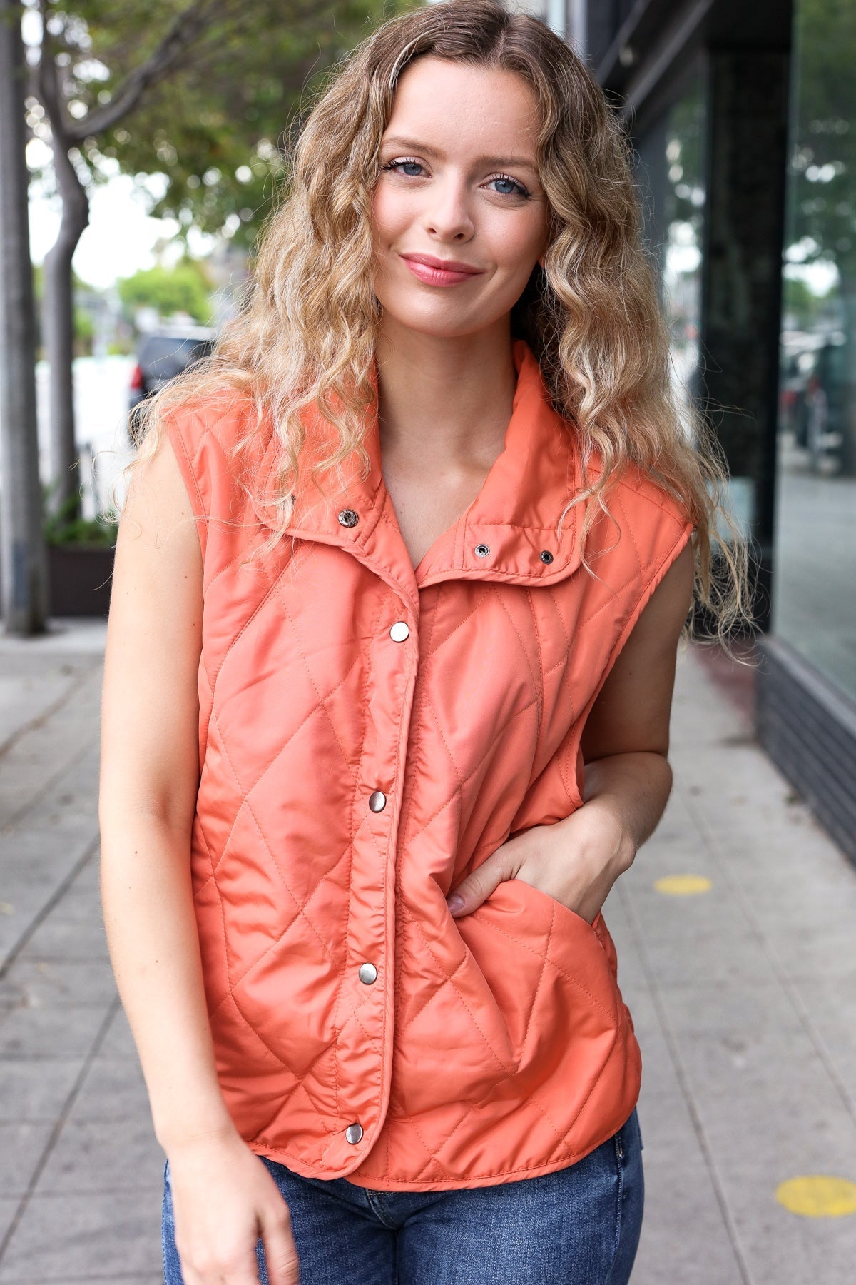 Weekend Ready Rust High Neck Snap Button Quilted Puffer Vest - Bitsy Gypsy Boutique