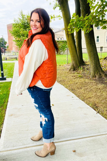 Weekend Ready Rust High Neck Snap Button Quilted Puffer Vest - Bitsy Gypsy Boutique