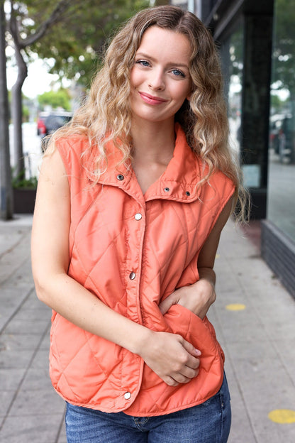 Weekend Ready Rust High Neck Snap Button Quilted Puffer Vest - Bitsy Gypsy Boutique