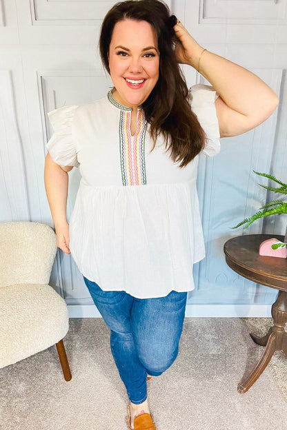 Weekend Ready Taupe Embroidered Notched Neck Babydoll Top - Bitsy Gypsy Boutique