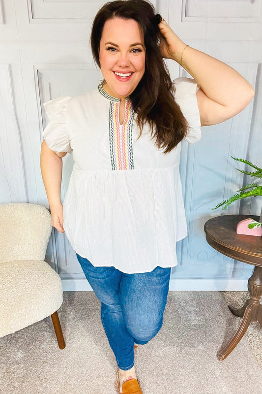 Weekend Ready Taupe Embroidered Notched Neck Babydoll Top - Bitsy Gypsy Boutique