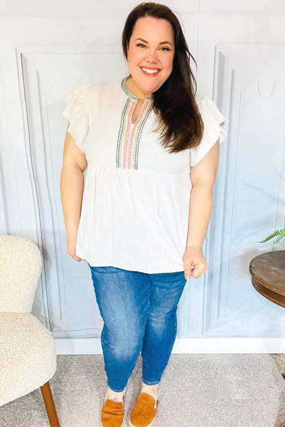 Weekend Ready Taupe Embroidered Notched Neck Babydoll Top - Bitsy Gypsy Boutique