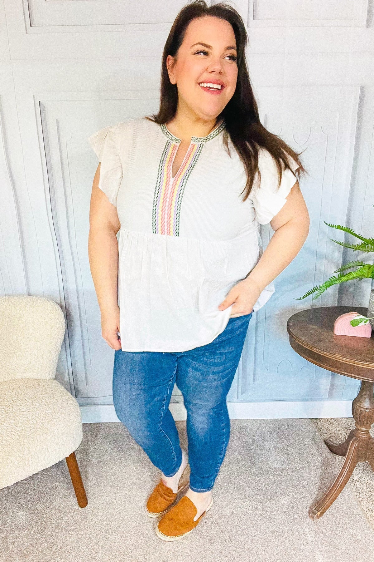 Weekend Ready Taupe Embroidered Notched Neck Babydoll Top - Bitsy Gypsy Boutique