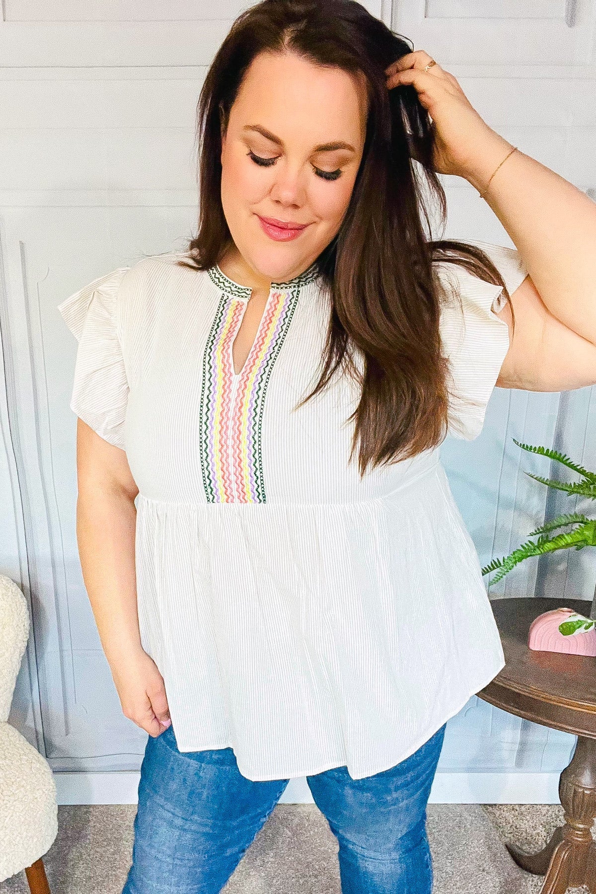 Weekend Ready Taupe Embroidered Notched Neck Babydoll Top - Bitsy Gypsy Boutique