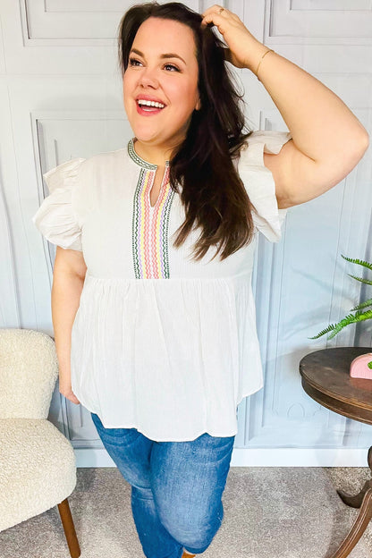 Weekend Ready Taupe Embroidered Notched Neck Babydoll Top - Bitsy Gypsy Boutique