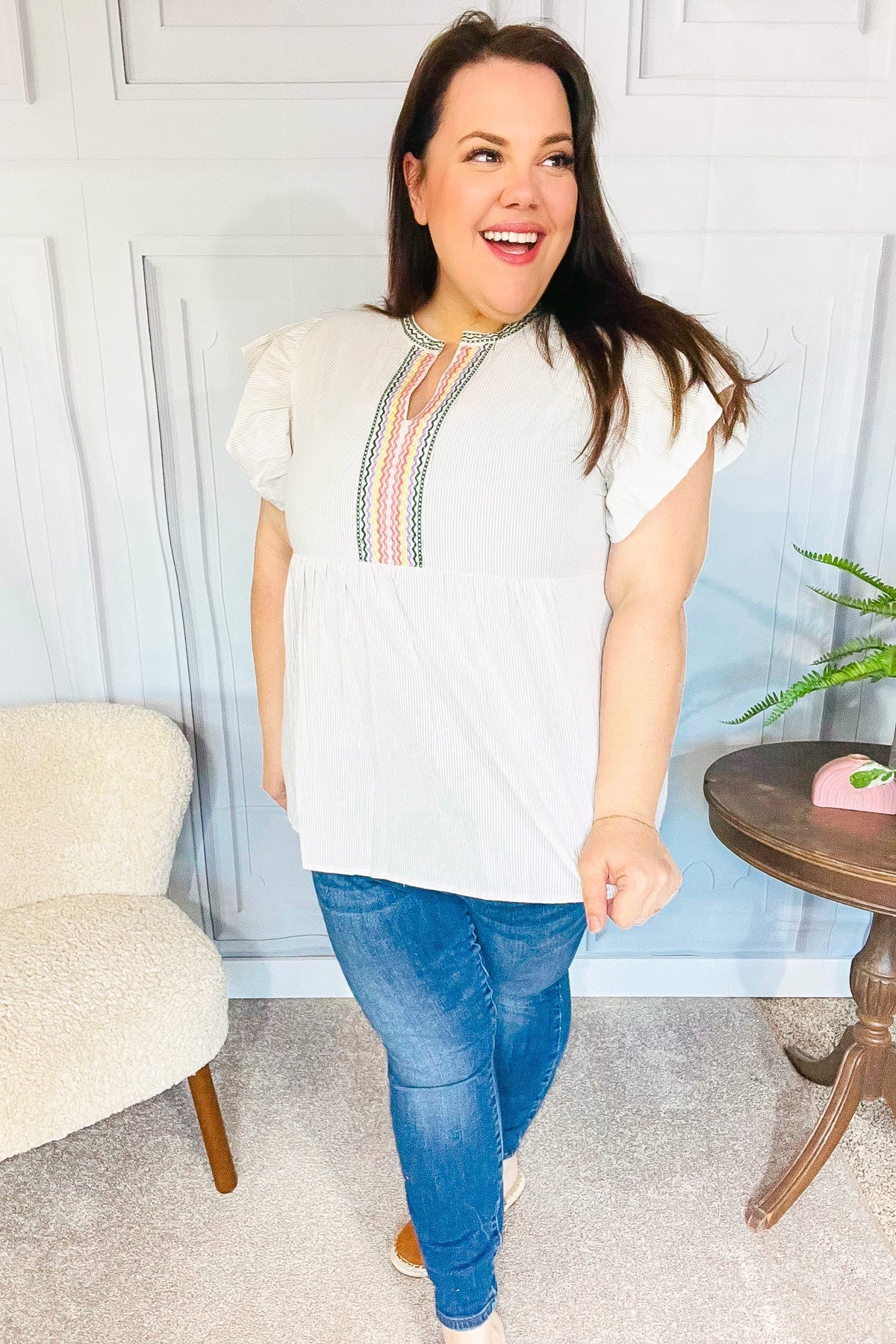 Weekend Ready Taupe Embroidered Notched Neck Babydoll Top - Bitsy Gypsy Boutique