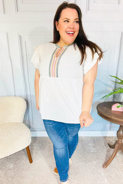 Weekend Ready Taupe Embroidered Notched Neck Babydoll Top - Bitsy Gypsy Boutique