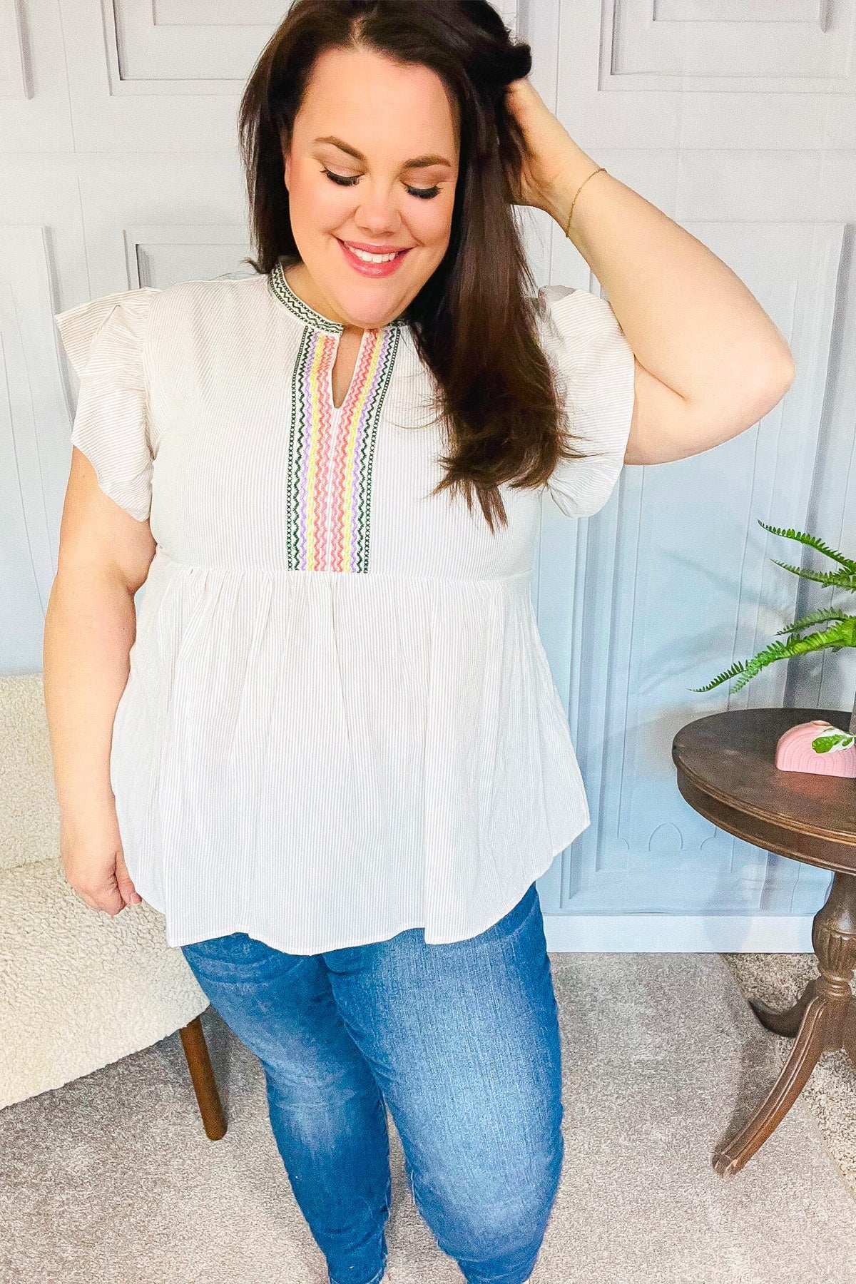 Weekend Ready Taupe Embroidered Notched Neck Babydoll Top - Bitsy Gypsy Boutique
