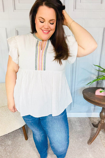 Weekend Ready Taupe Embroidered Notched Neck Babydoll Top - Bitsy Gypsy Boutique